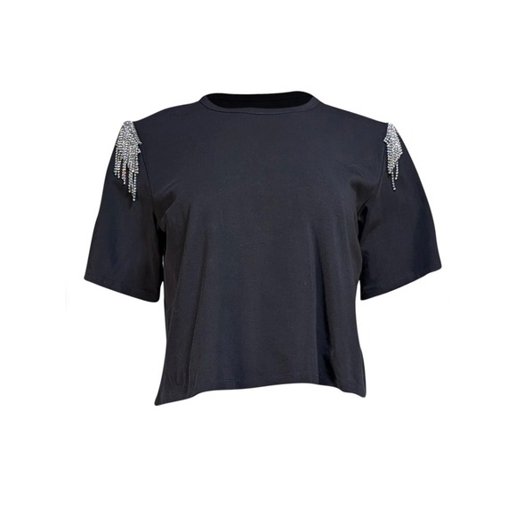 Veronica Beard Black Rhinestone Fringe Shoulder Epaulette Crewneck Tee Shirt - Picture 3 of 11